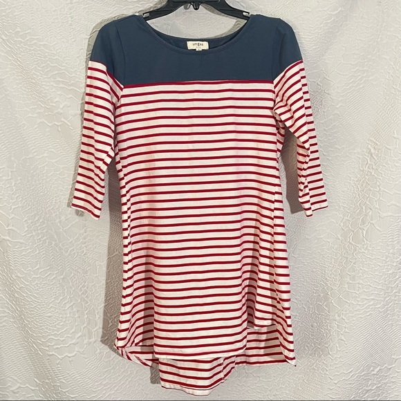 Umgee 3/4 Sleeve Red White & Blue Striped High Low Scoop Neck Dress - Picture 3 of 8